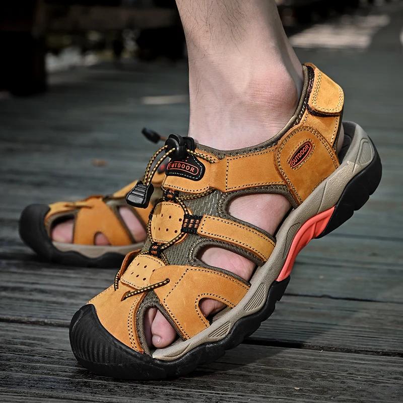 Summer Men's Sandals Classic Genuine Leather Sandals Fashion Outdoor Hiking Shoes Light Breathable Non-slip Sneakers 38-48
