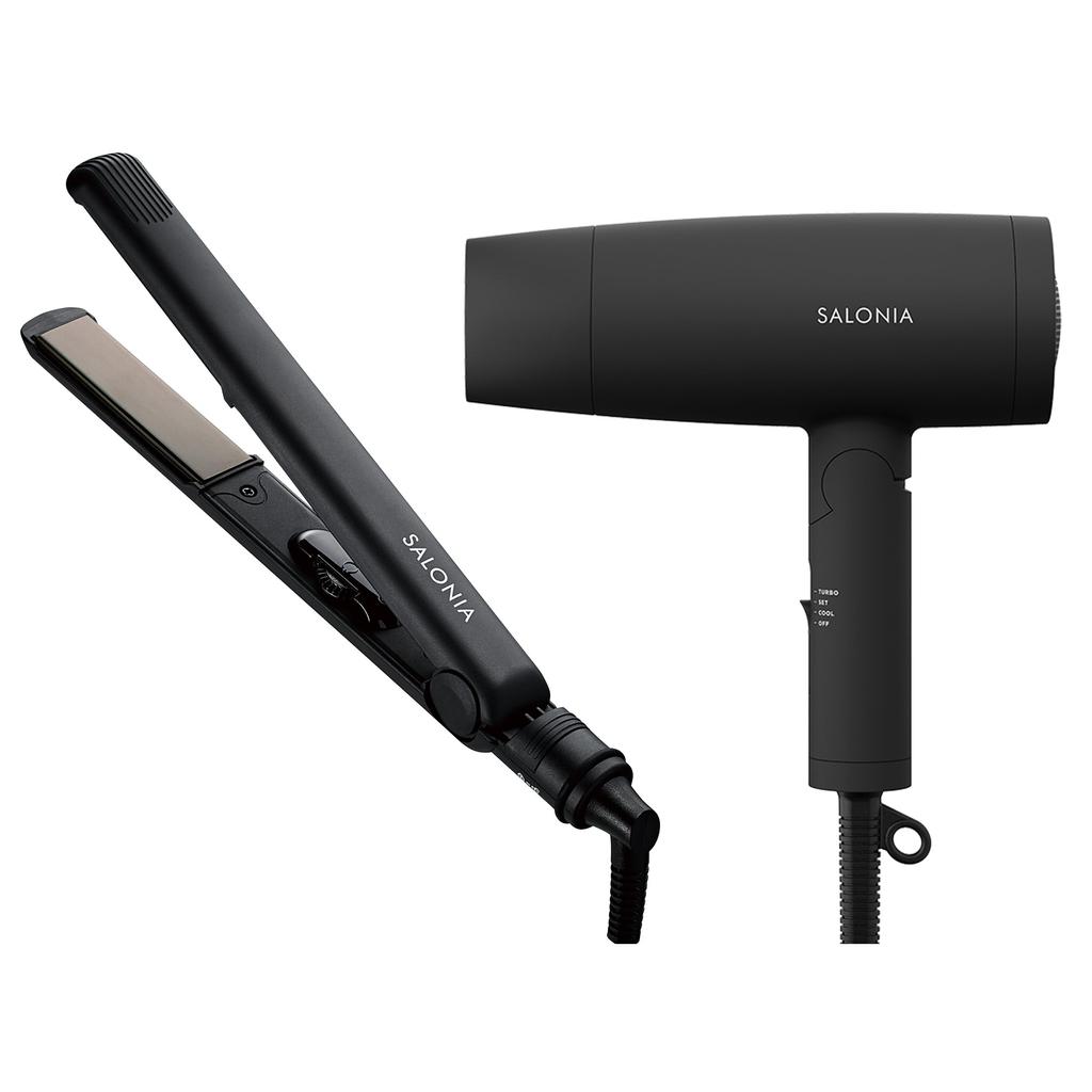 [New Life Set] SALONIA Starter Set [Black] Hair Straight Iron 24mm & Speedy Ion Dryer