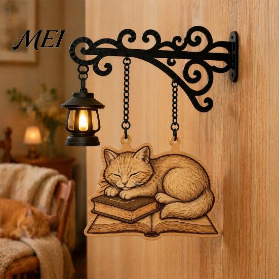 Gift for Readers And Cat Fans Vintage Bookshelf Light with Sleeping On Book Design, Retro Lantern Bookworm Office Accessory Lamp Reading, Decorative