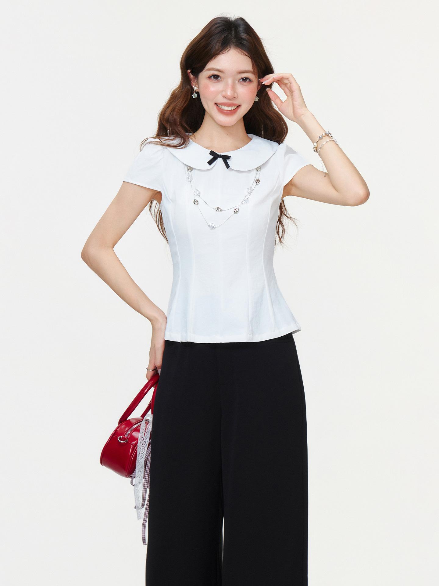

White sweet bow splicing doll collar short-sleeved T-shirt women s spring and summer new Korean slim-fit top S белый