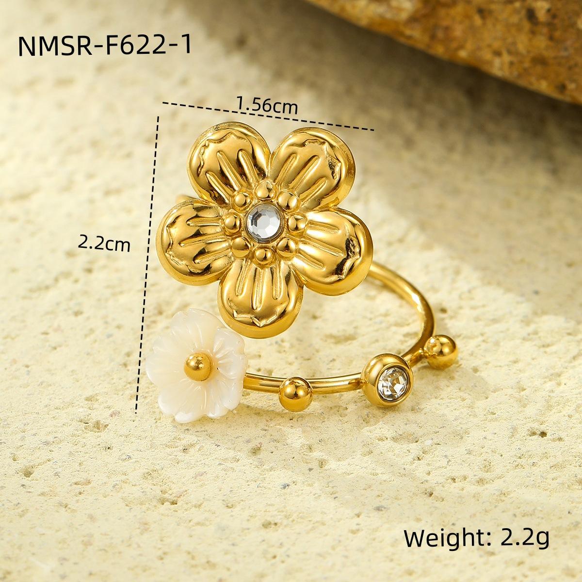 GEMCHIC Women s 18K Gold Plated Titanium Steel Flower Ring with White Shell and Zircon, Vintage Luxury Rhinestone Open Adjustable Ring