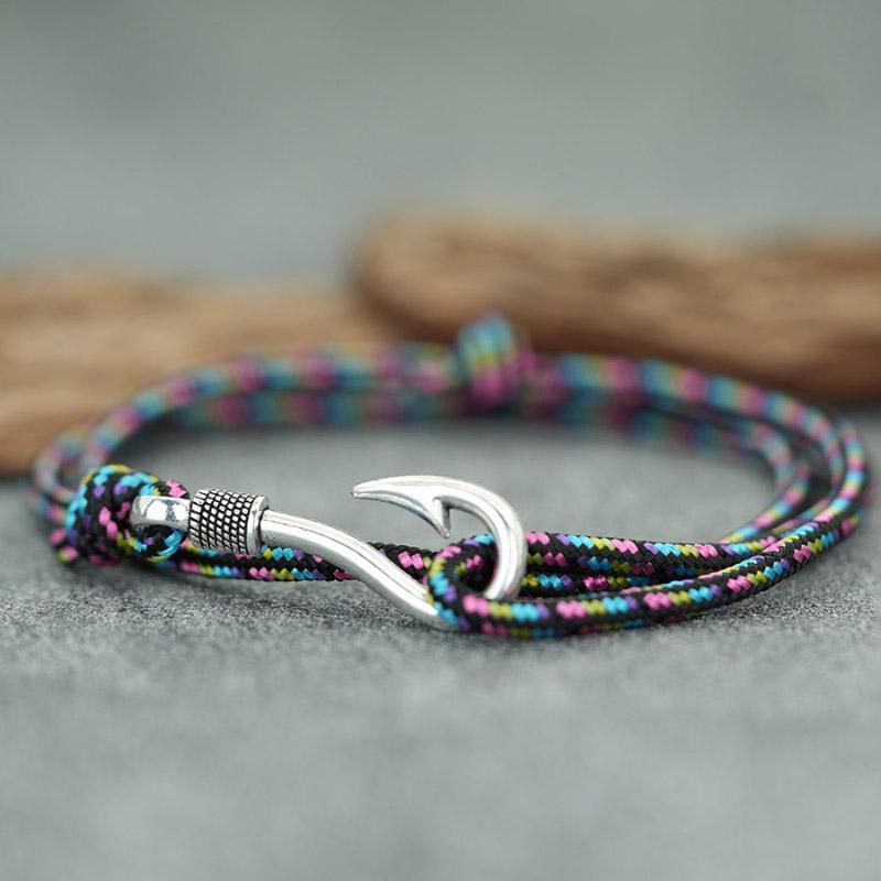 Neues Mode-Seilarmband Herren Silberfarbe Angelhaken Armband Zweilagig Schiebbar Verstellbar Nautisches Wickelband Armband Pulseria Homme