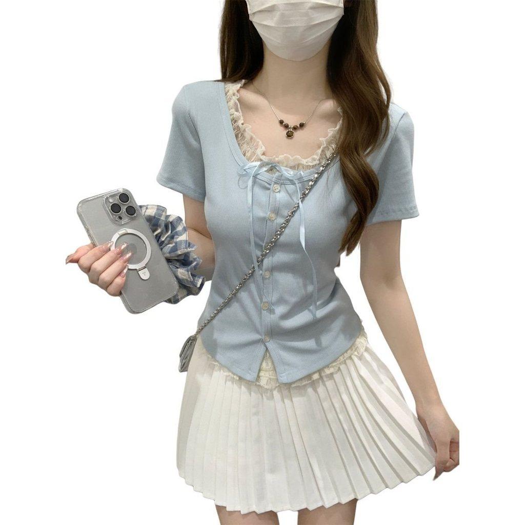 Plain Weave T Shirt With Lace Embroidery For Summer Casuals