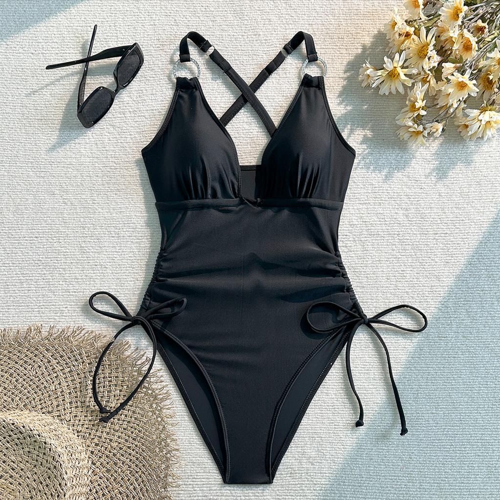 2026 Fashionable and Sexy New Solid Color One-piece Swimsuit Women's Drawstring Slimming Swimsuit