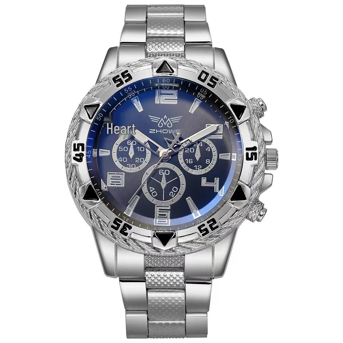 

2023 Men s Fashion Steel Band Quartz Watch with Faux Three-Dial Design