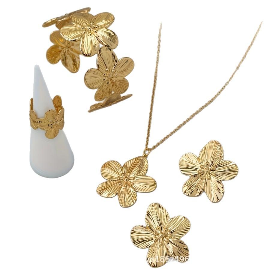 High-End Women's Camellia Jewelry Set: Metal Petal Stud Earrings, Bracelet, Ring, Necklace