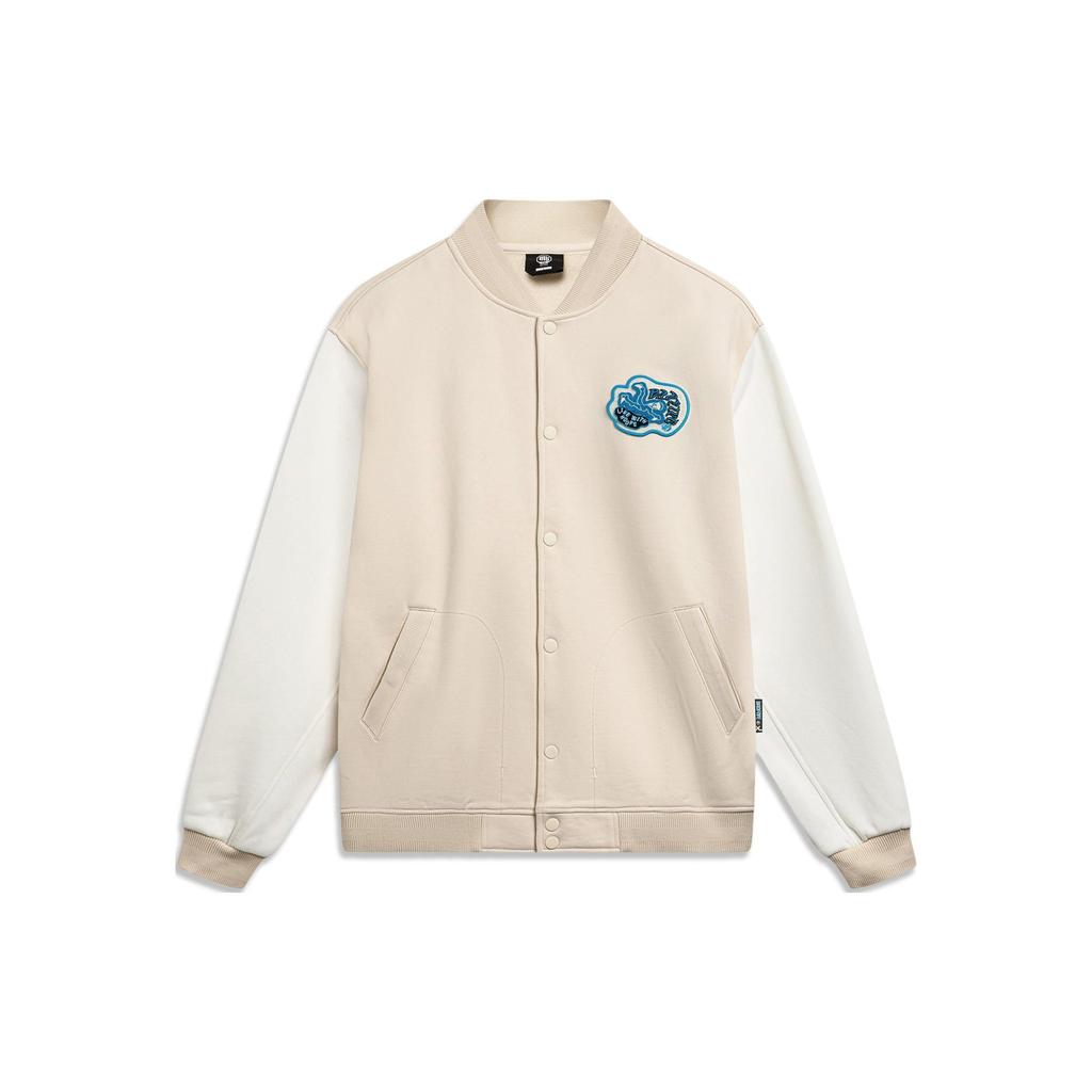 Li Ning Basketball Series American Vintage Letter Print Baseball Collar Fleece Jacket Men Jackets Gravel-Gray AJDU007-4