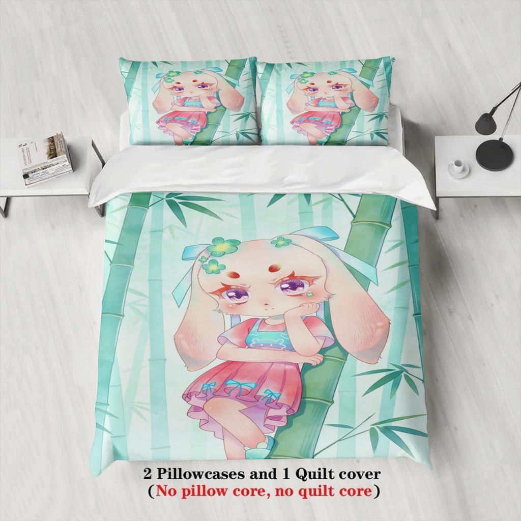 Softville Cozy Town 3PCS Bedding Sets Lop Rabbit Banboo Forest Pinted Duvet Cover No Filling Cartoon Style Queen King Size