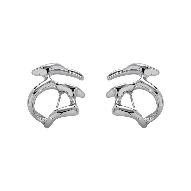Irregular Liquid Hollow Metal Copper Color Stud Earring for Women Simple Temperament Personality Zircon Girl Gift