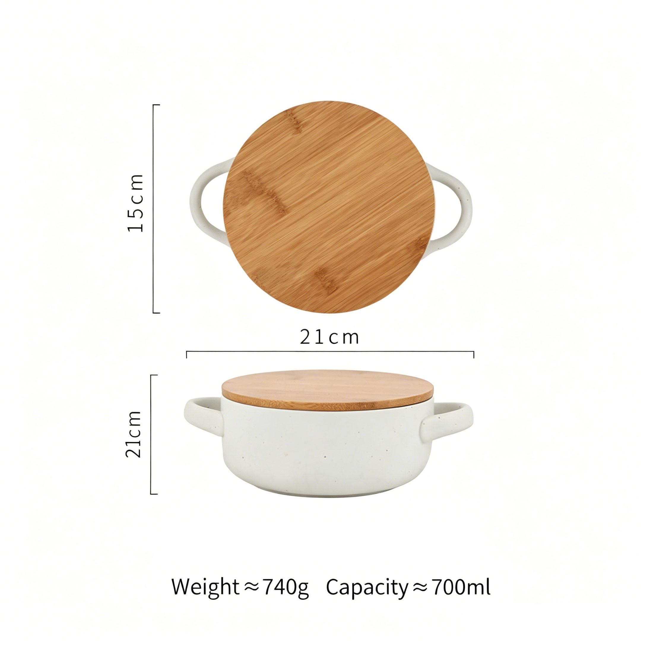 Double Ear Ceramic Soup Bowl with Bamboo Lid, 700ml Japanese Style Ramen Bowl, Microwave and Dishwasher Safe Porcelain bowl for Salad, Oatmeal, Baking