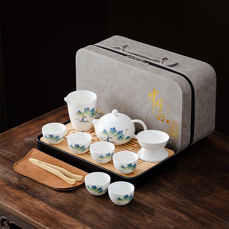 Suet Jade White Porcelain Tea Set Guochao Set Office Storage Kung Fu Tea Set Business Gift Tea Set