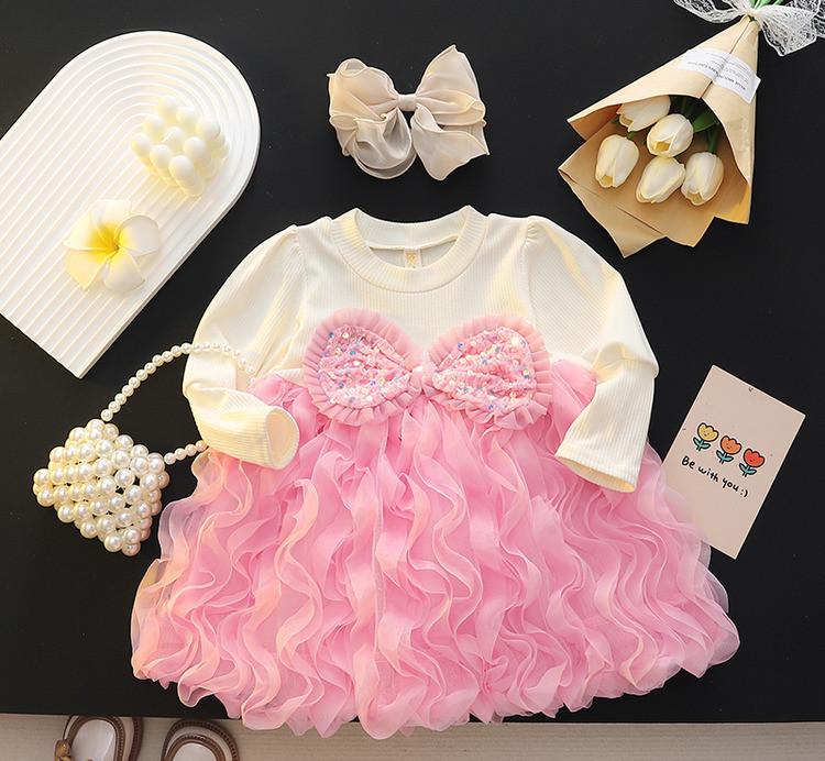 Girls Faux Two Piece Long Sleeve Dress Spring Autumn Summer Versatile Princess Skirt For Little Kids Sweet