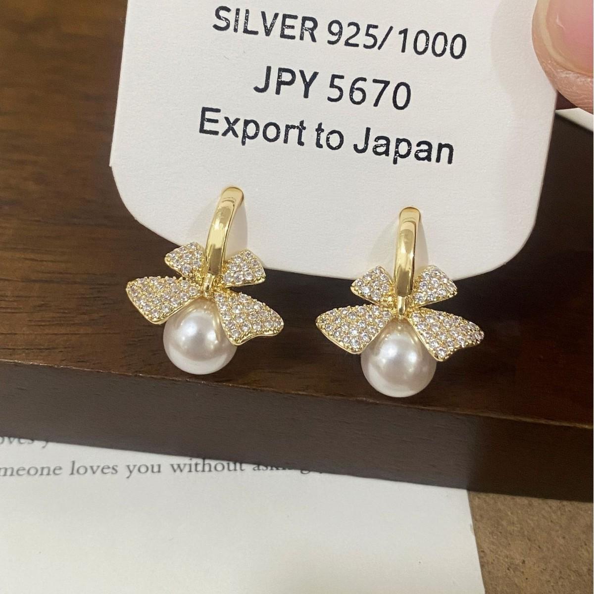 Elegant French Gold Pearl Bow Earrings with Zircon