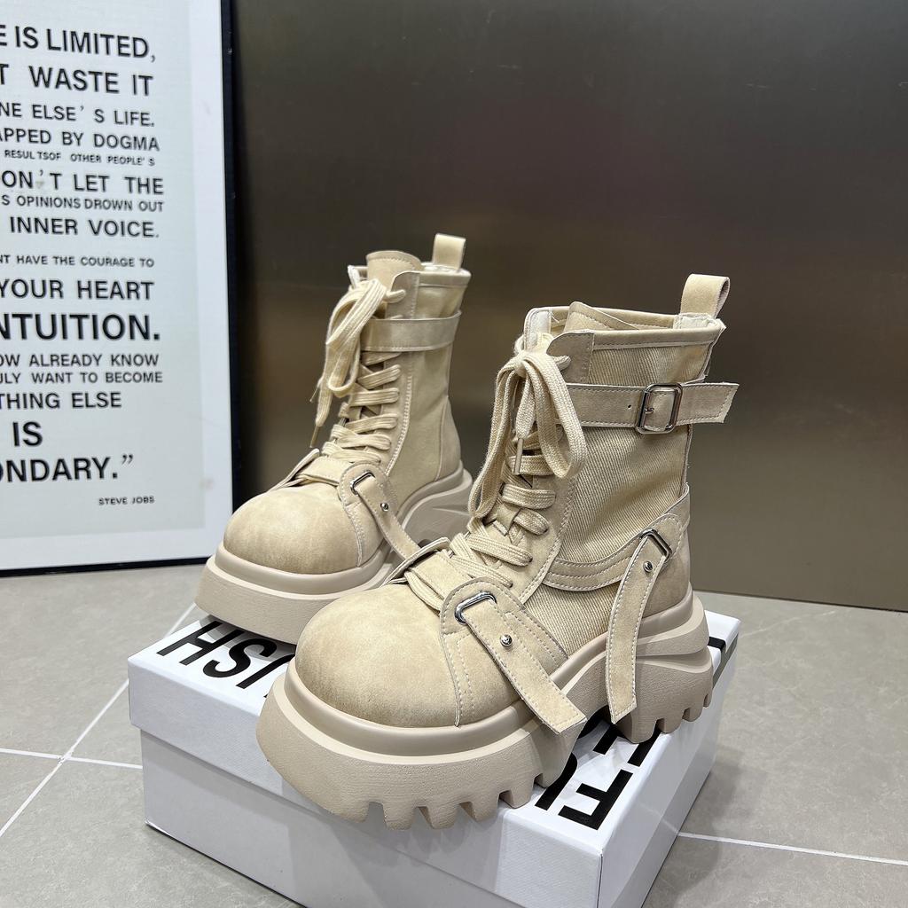 Dámské boty Martin 2025 nové kožené kombinované látkové boty na silné platformě s pásky módní lokomotivní boty malé krátké boty