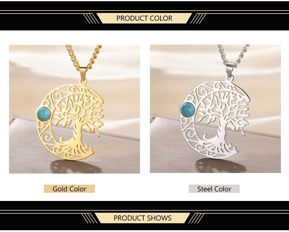 Dawapara Vintage Turquoise Crescent Moon Tree of Life Necklace Filigree Celtics Moon Wiccan Pendant Stainless Steel Jewelry