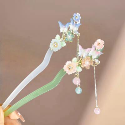 Flowers Butterfly Acetic Acid Hairpin Women's Premium Sense New Chinese Hair Accessories Headgear Hairpin Antique Disc Hair Hairpin Shaking