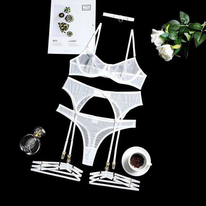 Sexy erotic underwear solid color ultra-thin mesh yarn perspective temptation big chest small thong five-piece set