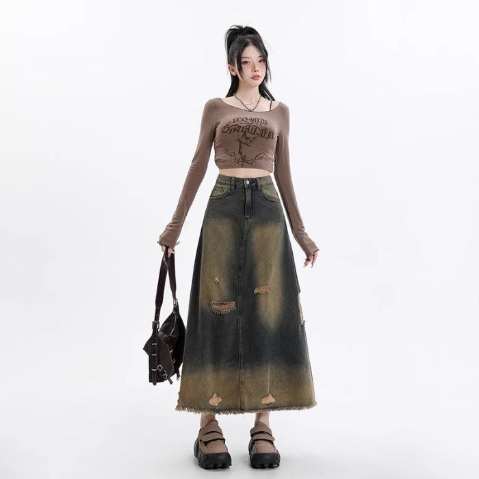 

Женская джинсовая миди-юбка А-силуэта с высокой талией и необработанным краем - Ретро, Стройнящая, Универсальная, Идеально подходит для весны и осени XL