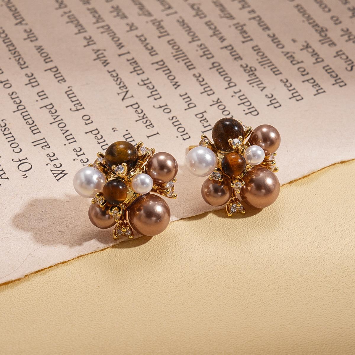 Tiger s eye, zircon, imitation pearl flower silver needle earrings, Maillard autumn and winter retro earrings.