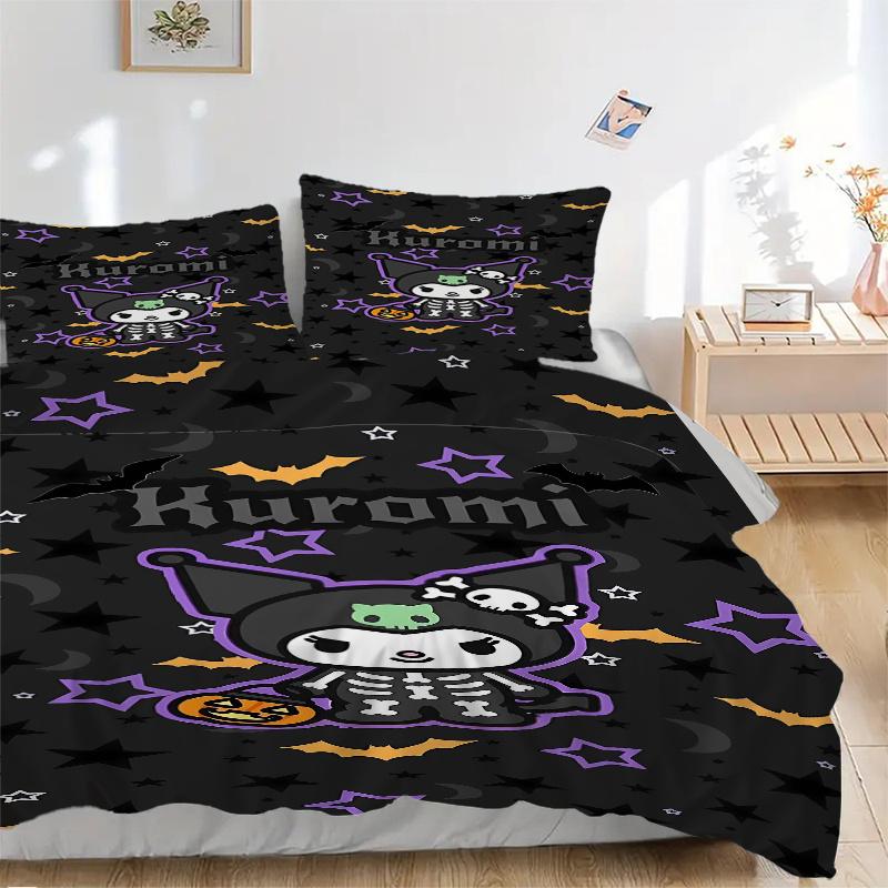 

3pcs Spooky Fun with Bats Stars and Pumpkins Halloween Kuromi Bedding Set - Includes Quilt Cover and Pillowcases, Suitable for All Seasons, 135x200cm