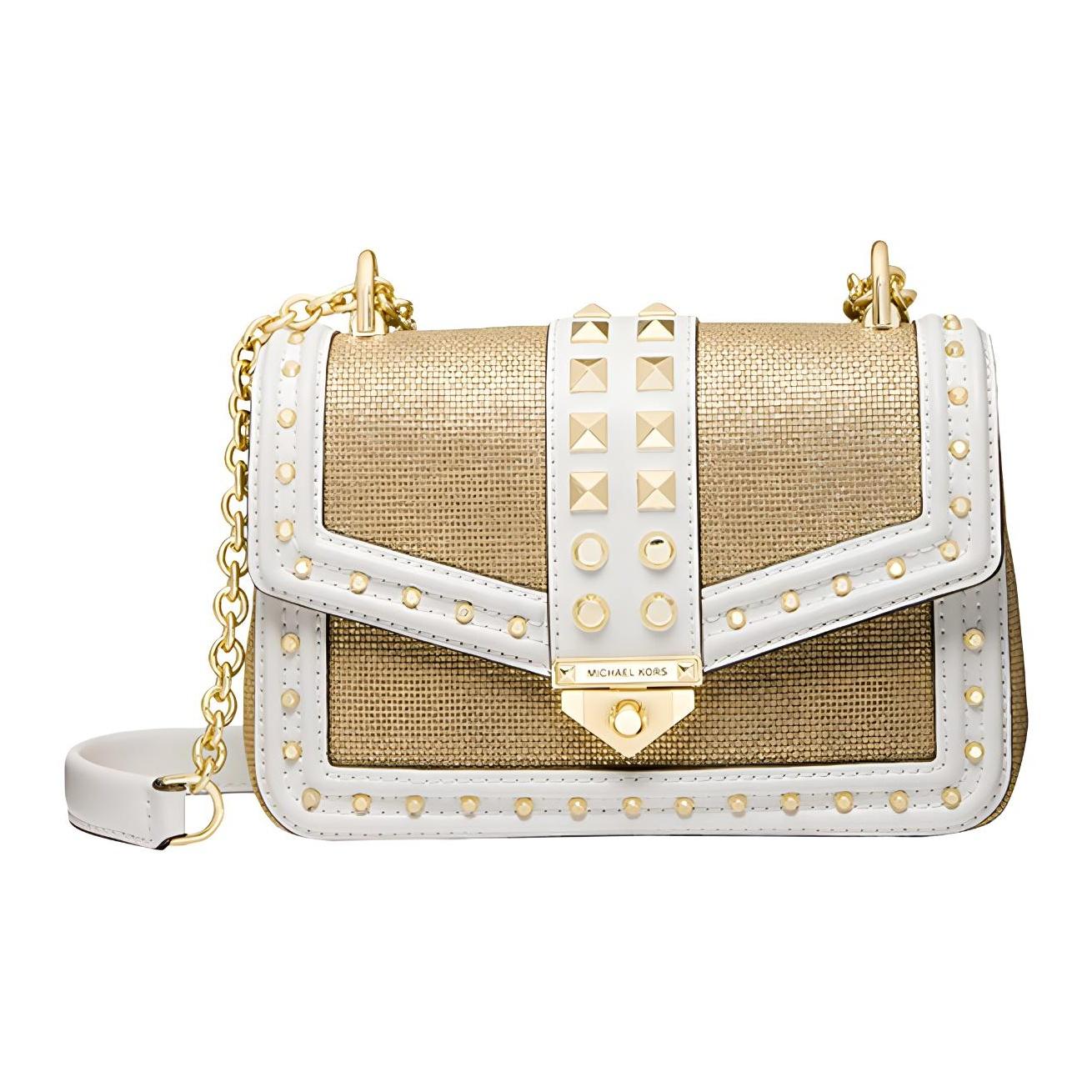 

Michael Kors MK Soho Vintage Studded Flap Color Block Chain Commuter Canvas Leather Crossbody Bag Women bags Brown White 30T1G1SL5K-OPTPLGOLD Basic Set (Bag+Dust Bag)