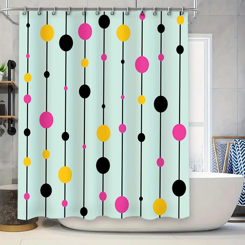 

Modern Blue Shower Curtain With Black Yellow Pink Circles Easy Install Hookless Rod Bathroom Decor Ideas For Home W60H190(CM)-1 Pcs