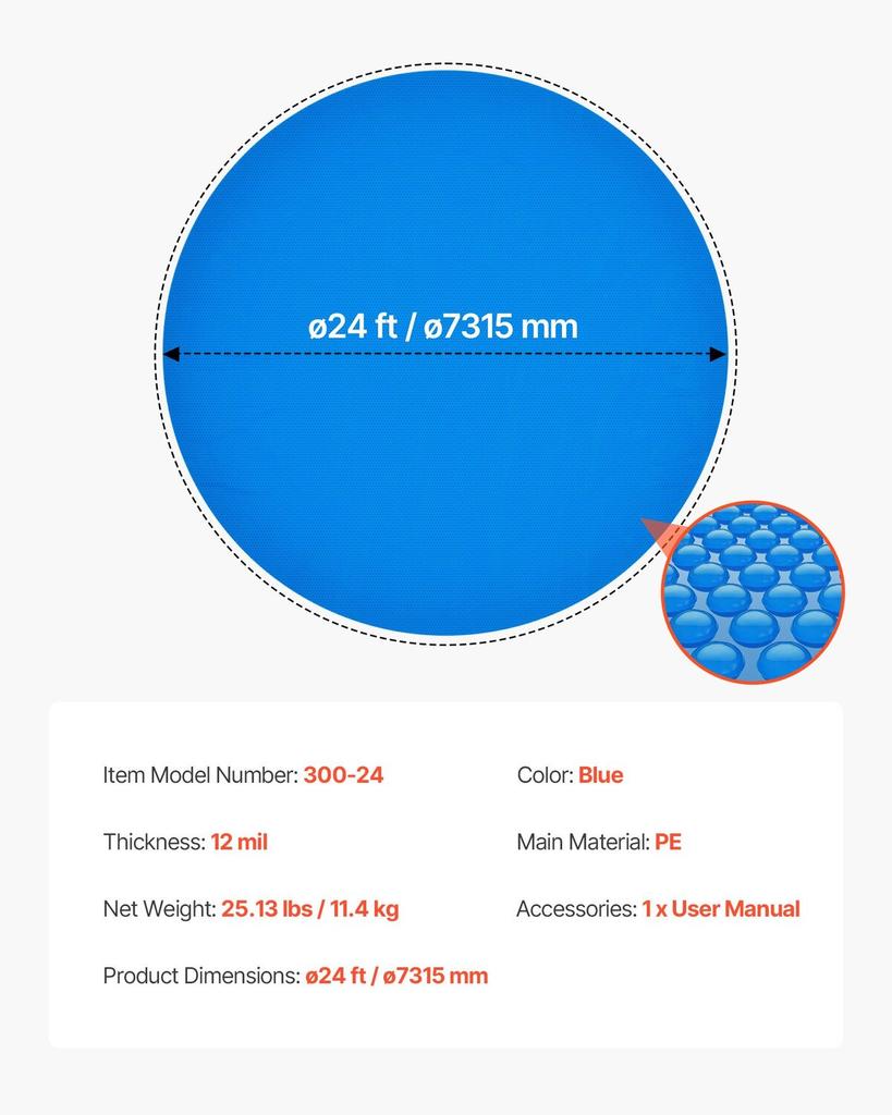 Solar Pool Cover, 7.32m Round Pool Bubble Cover, 12 Mil Pools Solar Blanket with Bubble & PE Material, Daytime Heat Absorption, Nighttime Heat