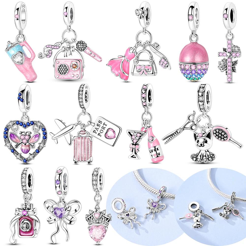 Aircraft Luggage Box Cat Pink Zircon Copper Original Charms Beads Fit Bracelet Women Jewelry Diy Beautiful Gifts Accessory