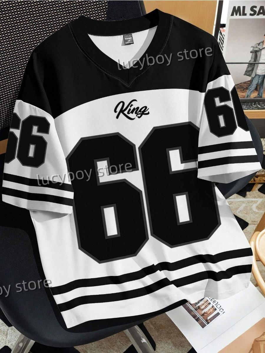 Kukebang Herennummer 66 Letter 3D KING Print T-shirt Heren Korte Mouw Sportkleding Voetbal T-shirt Vintage Oversize Kleding S
