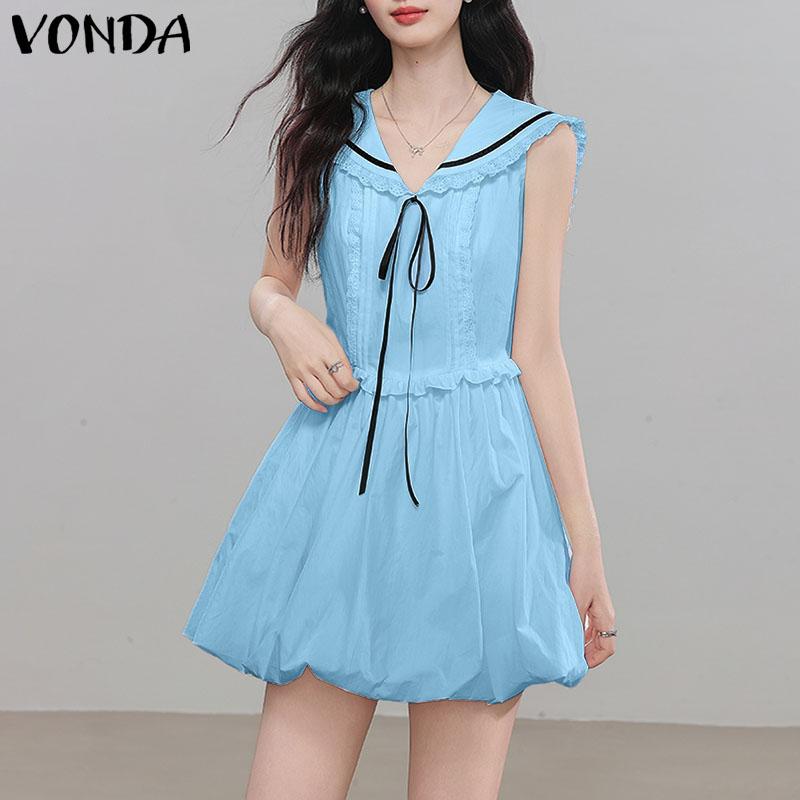 VONDA Women Naval Collar Sleeveless Crochet Hem Slim Waist Pleated Dress