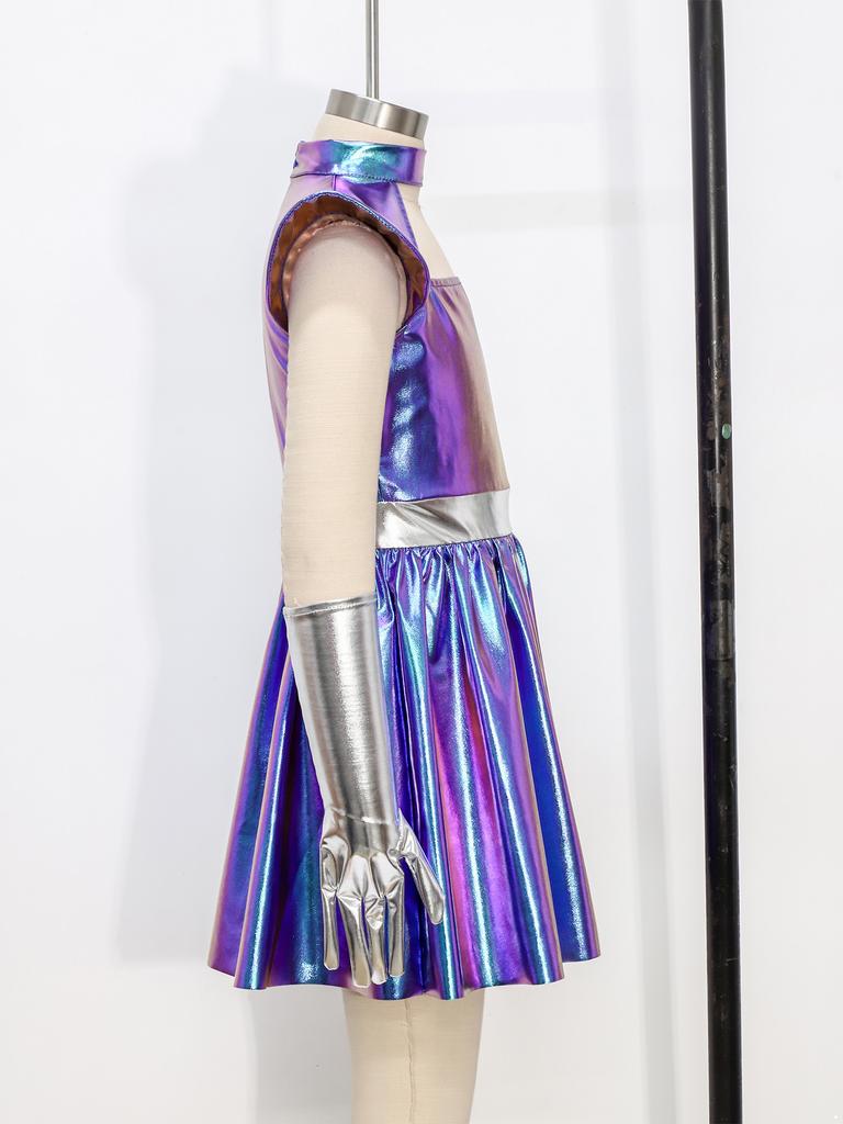 Kinderen Meisjes Buitenaards Cosplay Kostuum Uitgesneden Vliegende Mouw Metallic A-lijn Jurk met Handschoenen voor Halloween Robot Buitenruimte Feest