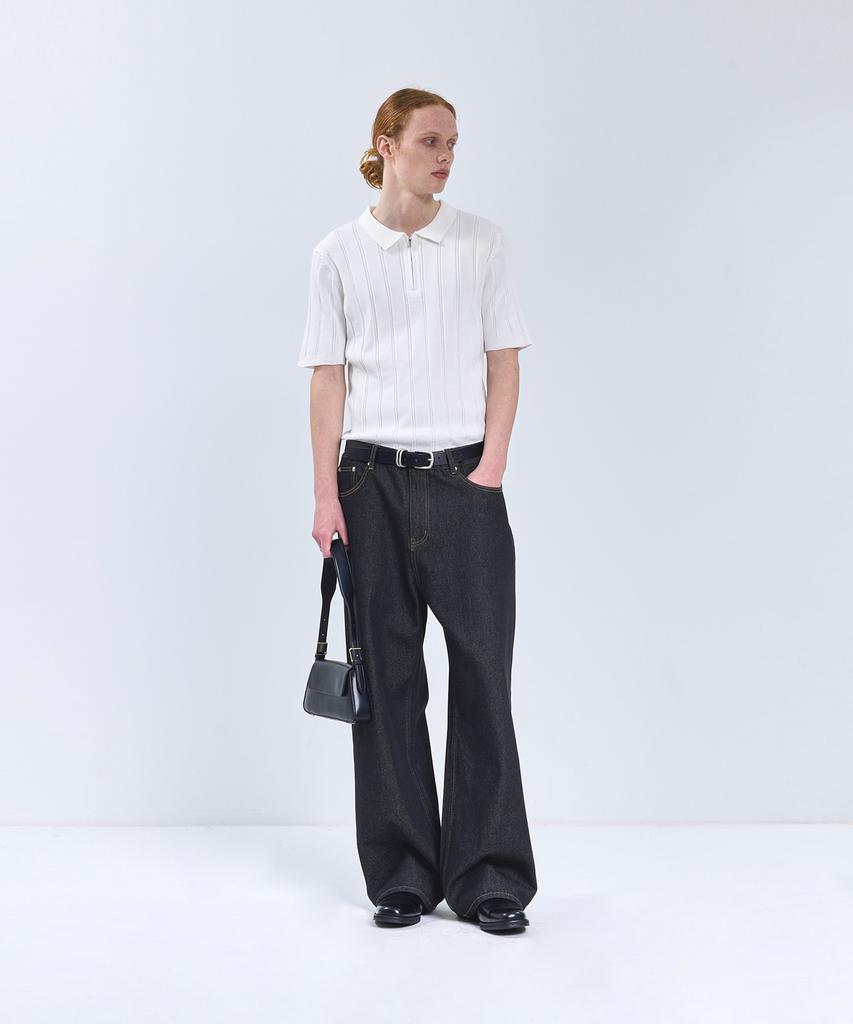IRONYPORNO WHITELINE 86-Iro356 Micro Cable Half-Zip Collared Short Sleeve Knit White