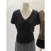 Retro V-Neck Short Sleeve T-Shirt - Women's Spring/Summer Basic Slim Mid-Length Top