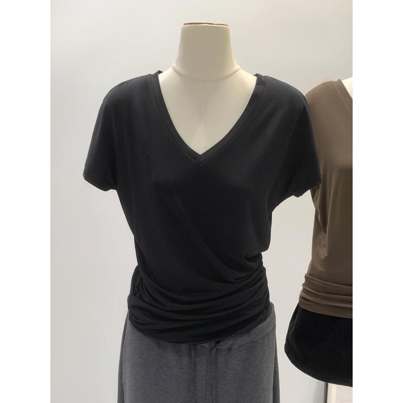 Retro V-Neck Short Sleeve T-Shirt - Women's Spring/Summer Basic Slim Mid-Length Top
