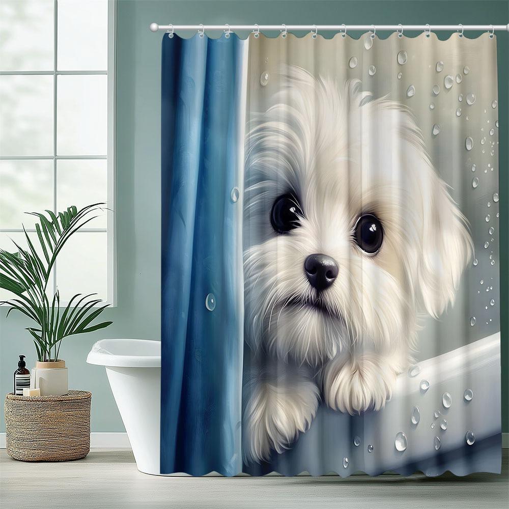 Cute Puppy Pet Washable Dirt-Resistant Shower Curtain Shower Head Waterproof Polyester Bath Curtain For Home Decor W60H190(CM)-1 Pcs
