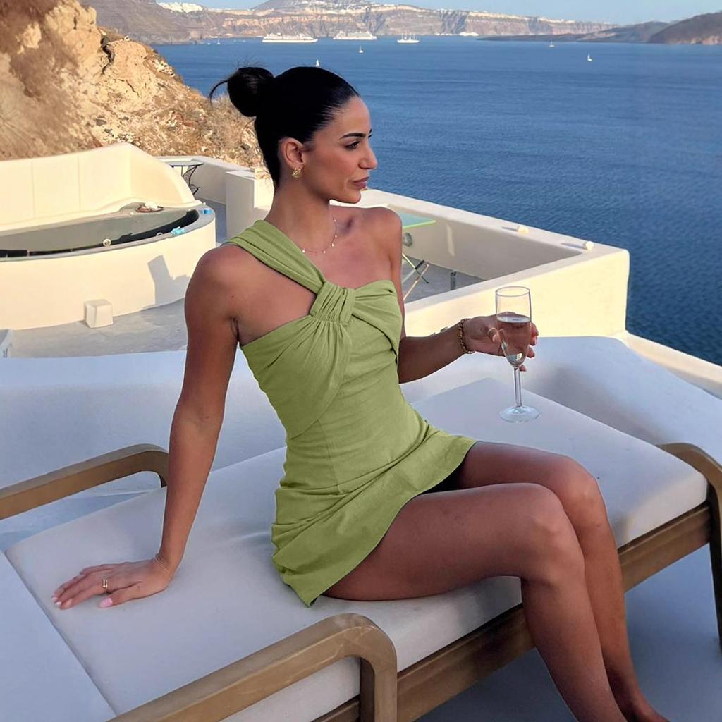Vestito corto in puro cotone, moda estiva europea e americana nuova da donna, vestito monospalla attillato con schiena a nodo singolo