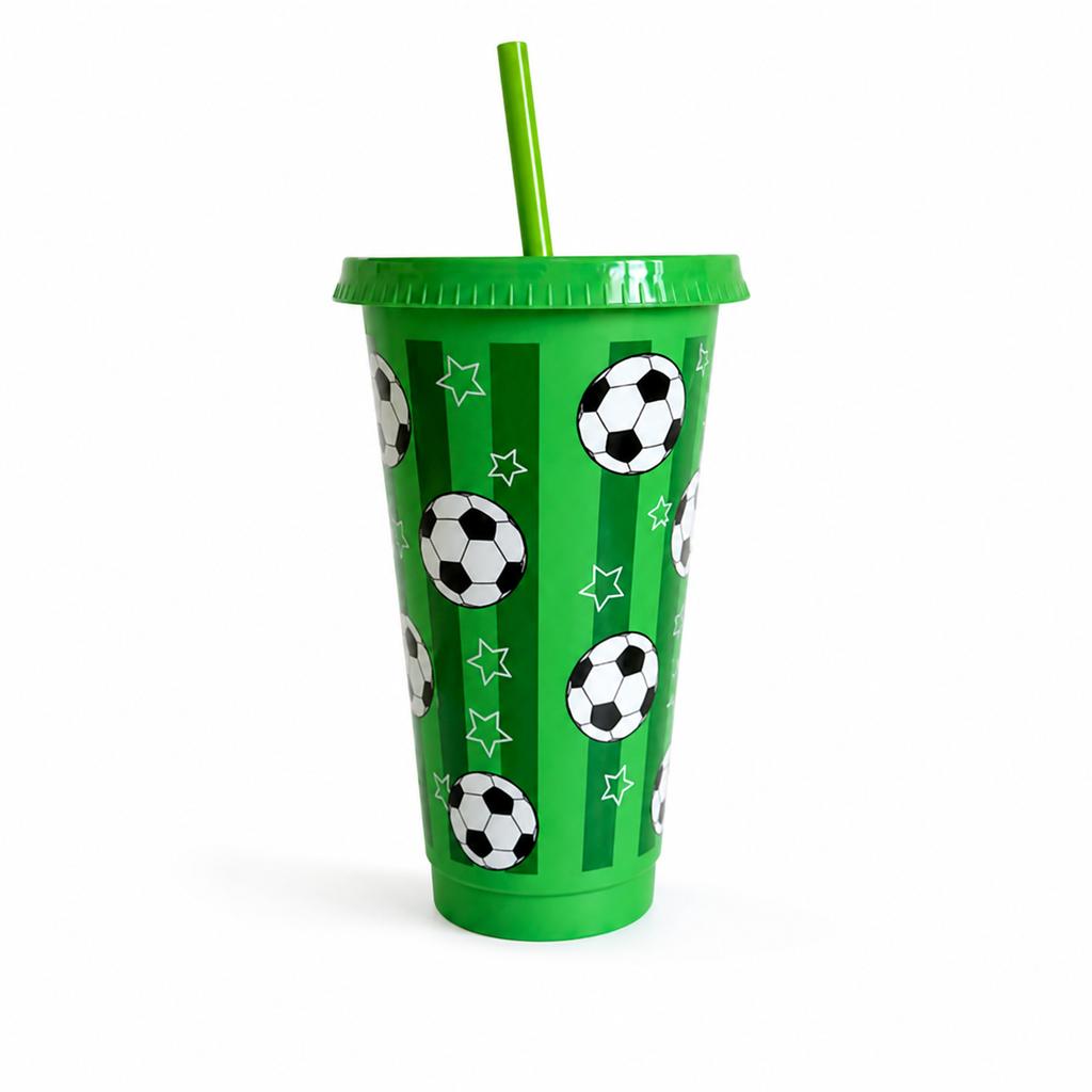 Cute Soccer Water Cups with Lids and Straws Reusable Soccer Plastic Tumbler for Kids, Football Theme Party Favor,Sports Fan Gift