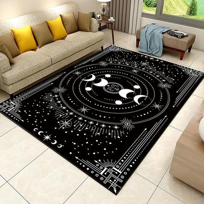 Black Celestial Moon and Stars Pattern Area Rug Phases of The Moon Decor Carpet Modern Astronomy Themed Non-Slip Living Room Rug