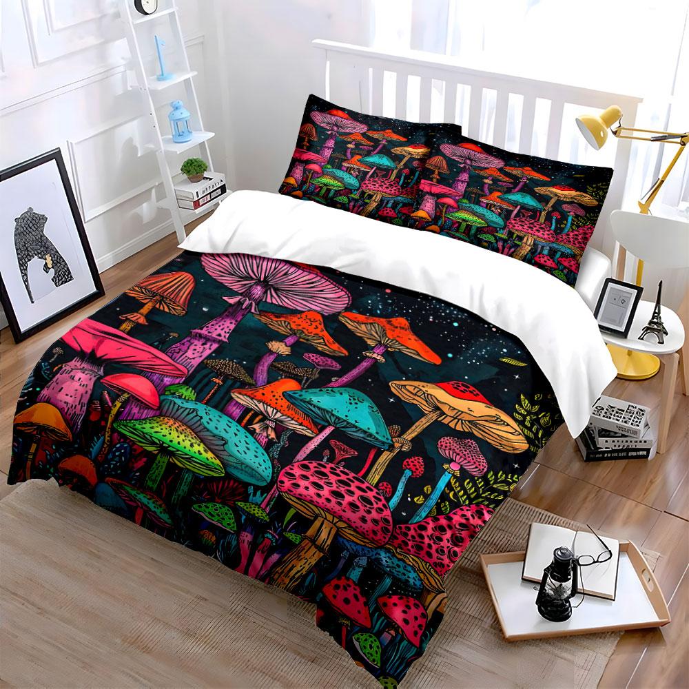 Colorful Mushroom Forest Print Bedding Duvet Cover Set Duvet Cover Pillowcases (1 * Duvet Cover 2 * Pillowcases, without duvet insert)