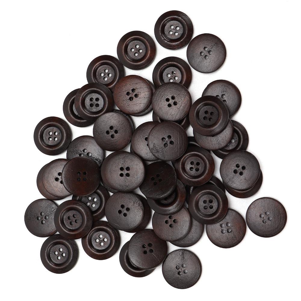 50pcs Dark Brown 4 Hole Buttons Wide Edge Sewing Buttons Craft Wooden Buttons  DIY Craft