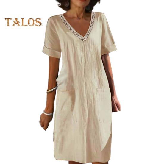 

Летнее женское платье с v-образным вырезом, короткими рукавами, высокой талией и боковыми карманами, однотонное, до колена, свободное, повседневное, повседневное, платье миди 2XL абрикосовый