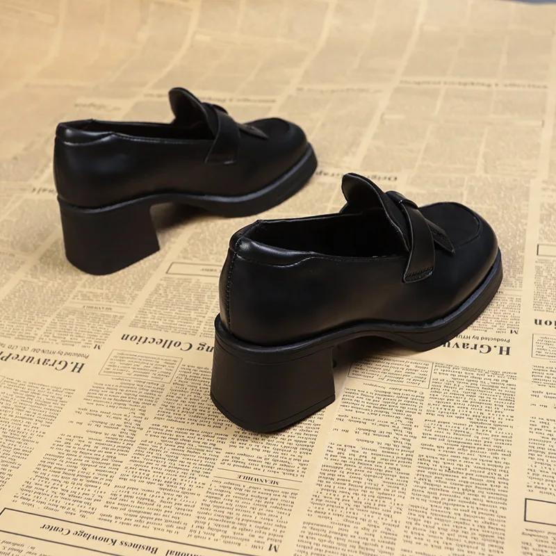 Autumn New Style Women's High Heels Leisure Leather Shoes British Style Platform Shoes Chunky Heels Brown Loafers