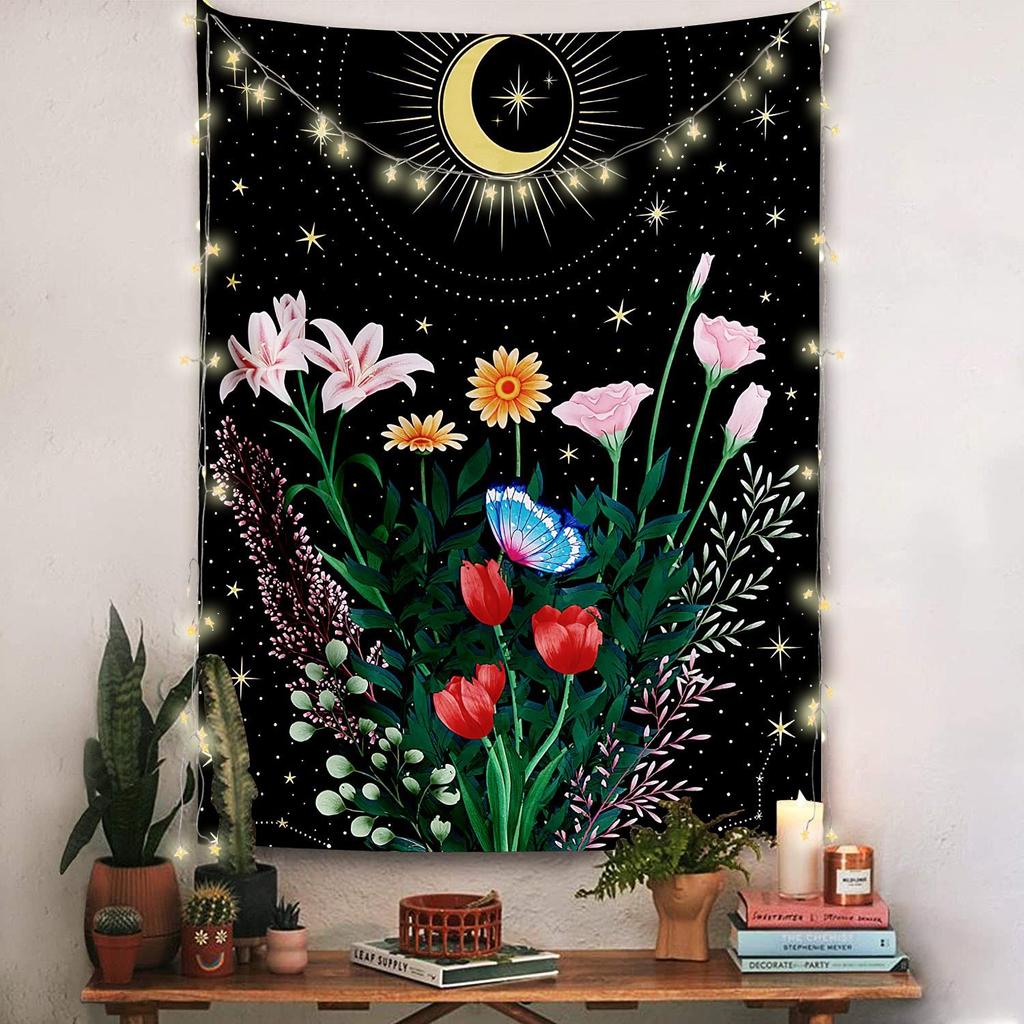 Garden tapestry moon phase tapestry flowers vines black background cloth home decoration wall carpet hanging cloth