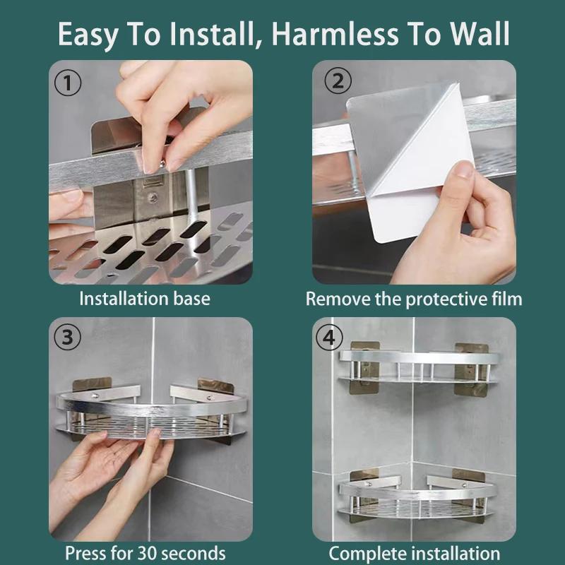 Wall-Mounted No-Drill Bathroom Storage Shelf Adhesive Organizer for Toilet Shower and Countertop Toothbrush Space-Saving