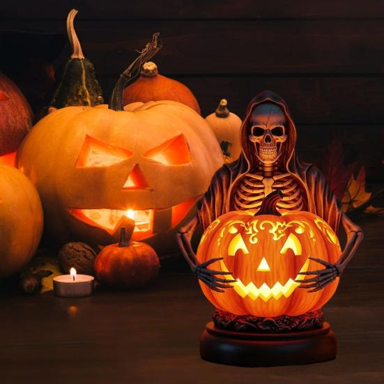 Halloween Pumpkin Light Resin Skeleton Ghost Witch Pumpkin Lantern Gothic Curved Pumpkin Night Light for Home Tabletop Desk Decor