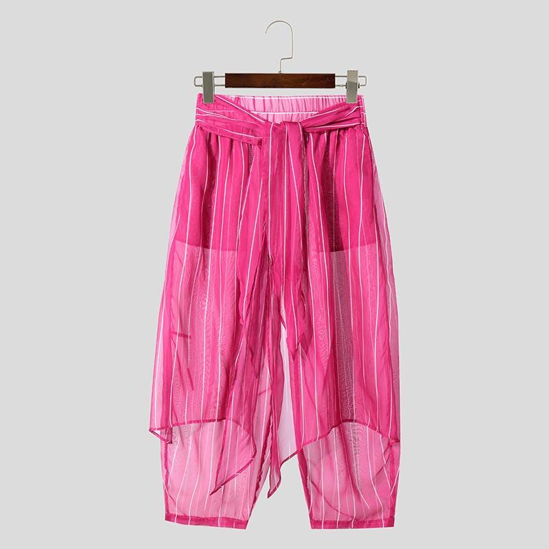 

INCERUN Mens Elastic Waist Lace-up Layers Ruffled Striped Mesh Sheer Harem Pants 5XL темно-розовый