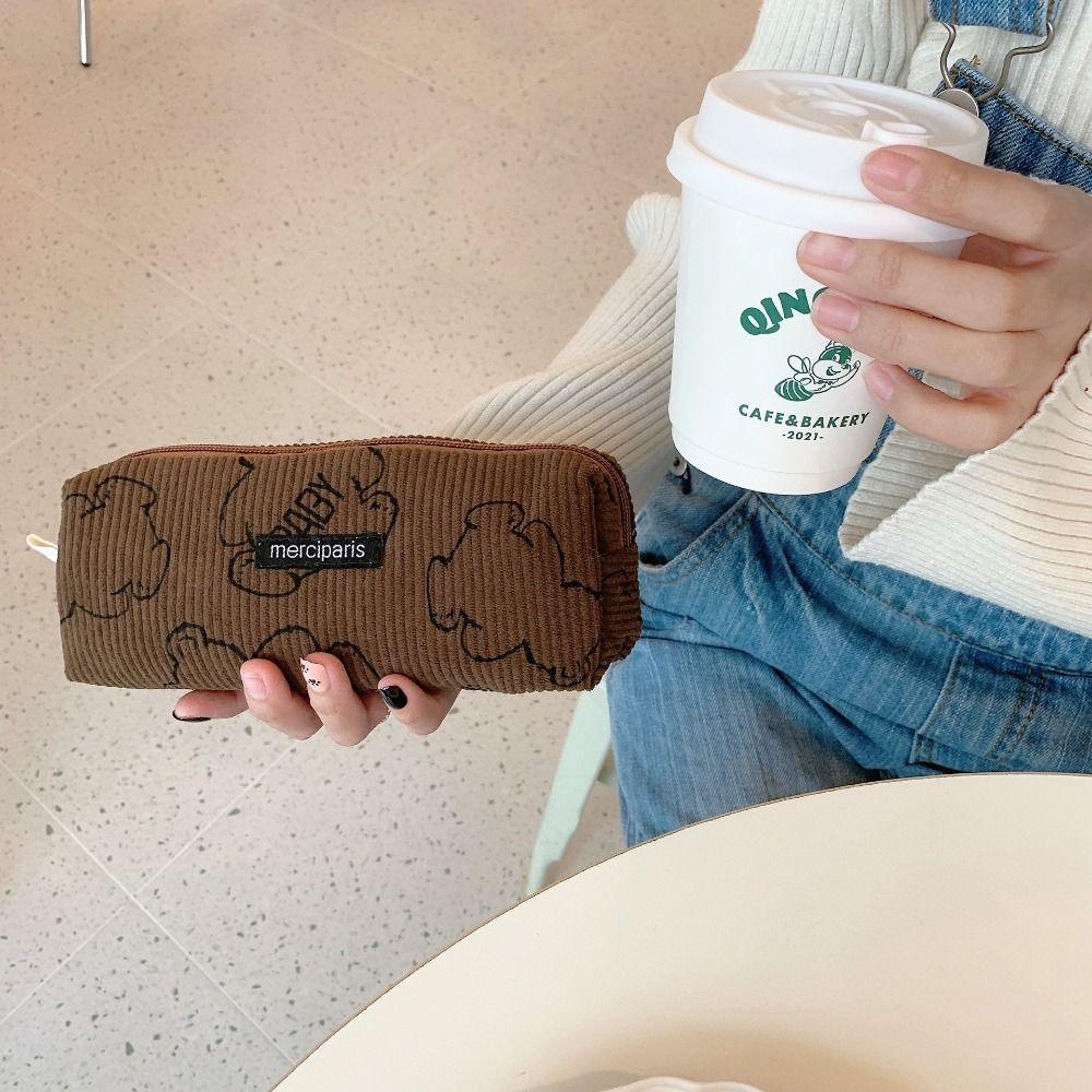 Pencil Case Korean Retro Corduroy Fabric Pencil Pouch With