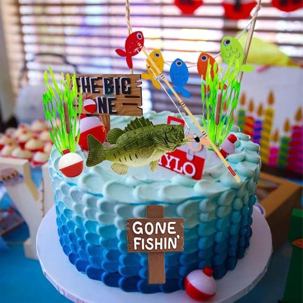 Rybářský Topper na dort 20ks Gone Fishing Topper na dort s basou a rákosím pro rybářskou tématickou dekoraci a potřeby pro důchodovou oslavu