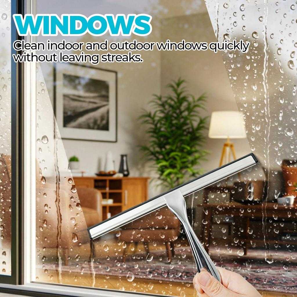 12-Inch All-Purpose Shower Squeegee for Shower Doors, Tile Shower Walls, Bathroom, Window, Glass and Car Windshield, Mirrors and Kitchen-Stainless