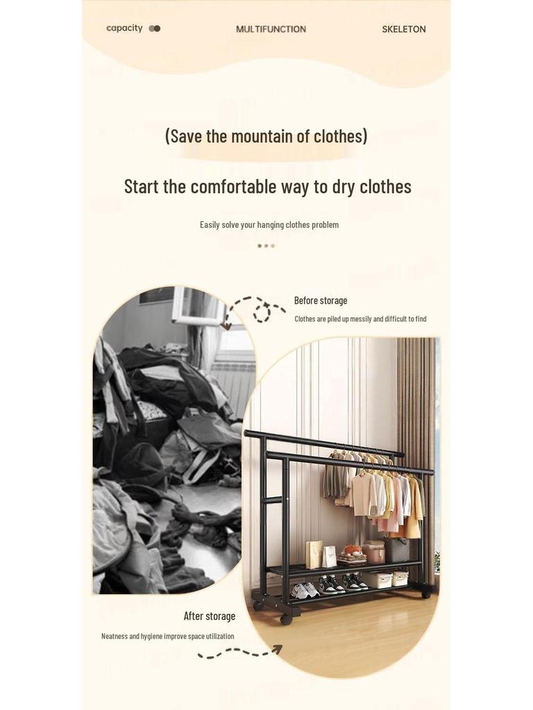 Double Pole Movable Clothes Drying Rack for Bedroom, Balcony, or Outdoor Use